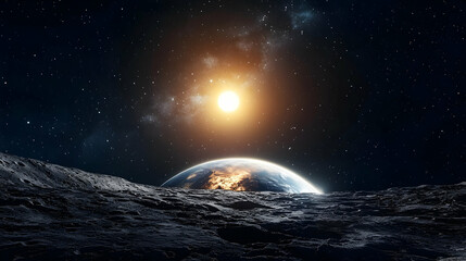 Wall Mural - Earth Rising Above Lunar Mountainscape