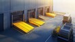 © sablengjago - Modern loading dock with hydraulic dock levelers, lift tables. Yellow ramps assist forklift transport of goods. Industrial facility for efficient cargo handling, loading. Image of shipping terminal