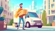 © Touch - Colorful Cartoon Vector Illustration of a Delivery Concept with Various Transportation Vehicles and Packages
