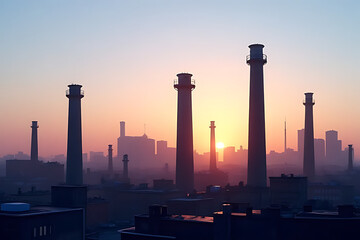 Wall Mural - chimneyscape of several chimneys in a cityscape, captured during dusk, with soft light and shadows adding depth 