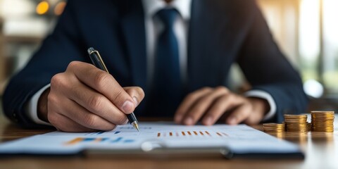 Poster - A businessman is analyzing financial data with graphs and charts, highlighting the importance of careful study in investment decisions.