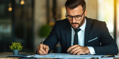 Poster - Professional Man in Suit Analyzing Financial Reports While Sitting at Desk with Documents and Potted Plant in Modern Office Setting