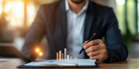 Poster - A businessman analyzes financial data with graphs on a tablet, reflecting trends and market insights for strategic decision-making and growth.