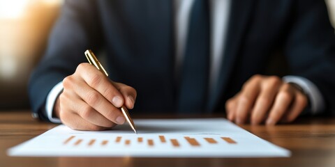 Poster - Businessman's Hand Analyzing Economic Data and Forecasts on Paper, Highlighting Financial Trends and Insights