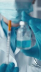 Aufkleber - A dedicated scientist, in a white lab coat and protective gloves, examines a vibrant blue liquid in a glass test tube, reflecting commitment to innovative research in a modern laboratory