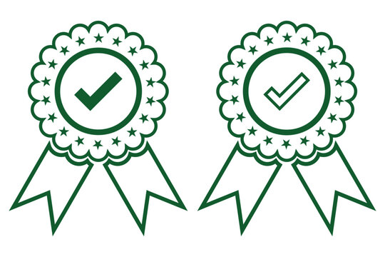 Achievement, award, badge icon. Quality icon. Approved or certified vector badge with check sign. Black and white quality certified icon. service medal icon. Design eps 10. 