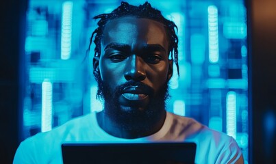 Focused Man Using Digital Tablet Blue Light Technology data dark male cyber night modern screen     