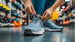 © Mirjana - In a sporting goods store, a woman is trying on new gym shoes, carefully tying the laces as she considers the fit and comfort for her upcoming workout.
