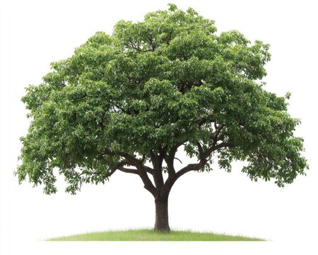 Solitary Tree with Green Leaves and Trunk Isolated on White