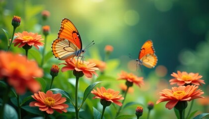 a cluster of butterflies flitting around a flower patch , butterflies, flowers