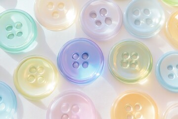 Pastel-colored buttons arranged on a white background, showcasing their translucent and glossy texture.