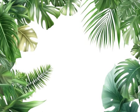 Tropical Green Leaves Frame on White Background for Summer Designs