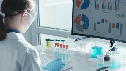 Aufkleber - A skilled researcher in a white lab coat analyzes complex data on their computer, surrounded by vibrant lab glassware from exciting experiments and groundbreaking scientific findings
