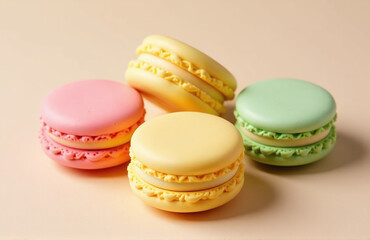 Poster - Pink, Yellow, And Green Macaroon Cookies Are Showcased On A Soft Beige Surface In A Visually Appealing Product Image Display.