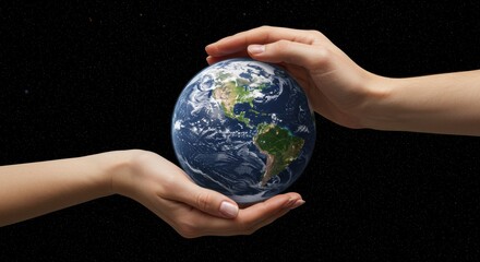 hands holding green globe, earth isolated on black background