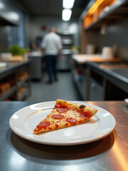 Poster - A Single Slice Of Pizza Sits Alone On A Clean White Plate, Awaiting Its Next Destination In A Busy Kitchen Environment Suddenly.