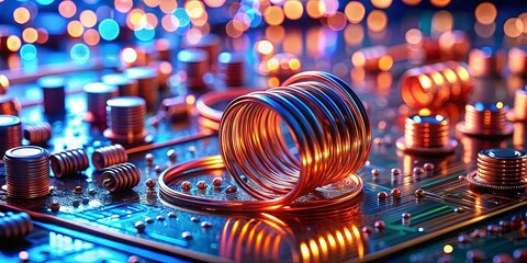 Poster - Metallic coils rest on a circuit board, surrounded by soft, colorful lights that create an enchanting atmosphere. The intricate design highlights technology and artistry