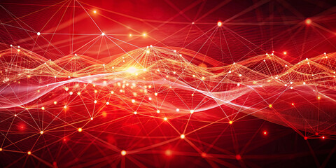 Fototapete - Colorful wave patterns in red and orange display vibrant light interactions among particles in a digital realm, creating a captivating visual effect
