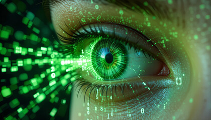 Poster - An eye is illuminated with green digital patterns and data streams, creating a striking visual representation of technology intertwined with human perception