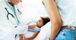 © peopleimages.com - Doctor, thermometer and parent with child in bedroom for healthcare, sick and fever check. Illness, temperature and influenza symptoms with girl in family home for disease, infection and pediatrician