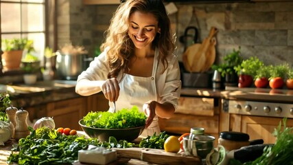 Poster - Happy Woman Prepares Fresh Salad With Green Ingredients Indoors Generative AI