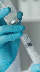 Poster - A laboratory assistant at the biology center carefully works with the samples, preparing them for testing and molecular analysis. Woman holding chemical flask in hand wearing protective gloves. High
