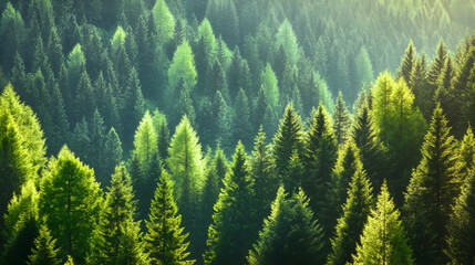   Lush Green Pine Forest in Sunlight – Serene Nature Landscape