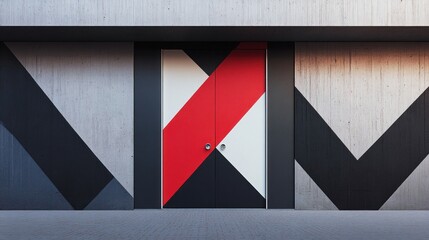 Poster - Abstract Geometric Doorway: Red, White, and Black Concrete Wall Art