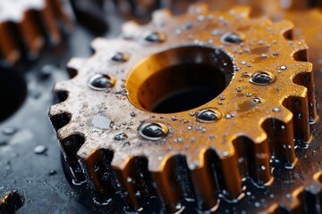 Fototapete - Wet golden gears rotating in industrial machinery