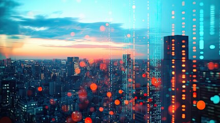 Poster - A large data chart displayed against a city skyline. Focus on trade technology, investment analysis, business growth, financial planning, and strategy. Includes finance graphs and market charts for