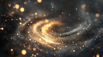 Poster - Swirling golden glitter particles on dark backdrop creating an ethereal glow
