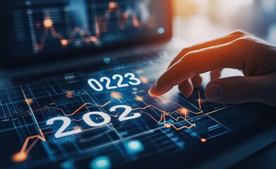 Poster - Updates in planning for featuring a hand using a laptop to symbolize the start of the new year. Focus on digital trends, industry shifts, business strategies, investments, and fresh business