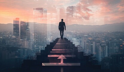 Poster - A creative double exposure visual merging a businessman with a financial chart, representing progress and growth in  market investments and profit
