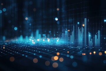 Poster - The concept of the  market and fintech forex visualized through blurry blue digital charts on a dark blue background. A futuristic financial interface depicted in a 3D render illustration