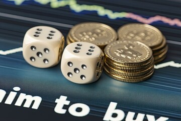 Poster - Dice cubes featuring the words SELL and BUY, alongside stacks of golden coins in an uptrend pattern