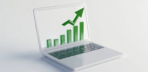 Poster - A modern laptop displayed in isolation on a white background, featuring a 3D illustration with an arrow chart