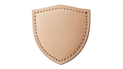 beige leather shield emblem, stitched border, isolated element, cut out transparent