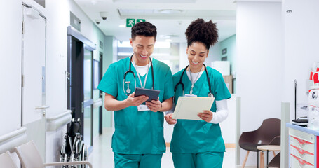 Aufkleber - Teamwork, people and surgeon on tablet for medical results, test update and appointment booking. Walking, research or doctors with touchscreen for online report, schedule or health app at hospital