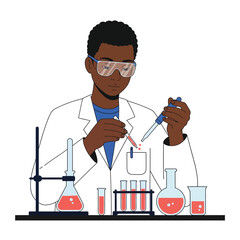 Poster - a scientist in a white lab coat conducting experiments with colorful liquids in glassware, showcasin