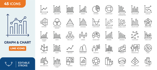 graph and chart line editable icon set. containing data, increase, growth, pie chart, data analytics