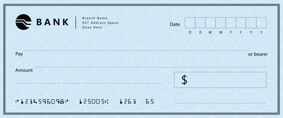 Wall Mural - blue bank check, vector blank money cheque, checkbook template with guilloche pattern and fields. cu
