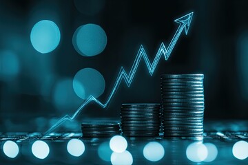 Poster - The concept of business finance and investment, focusing on capital gains, world economics, and monetary growth. Includes a coin stack, financial graphs, and charts, alongside a market report on cash