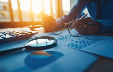Poster - A workspace filled with financial reports, graphs, and statistical data. A laptop, keyboard, and magnifying glass highlight the tools used for in-depth analysis. The scene captures the dedication of