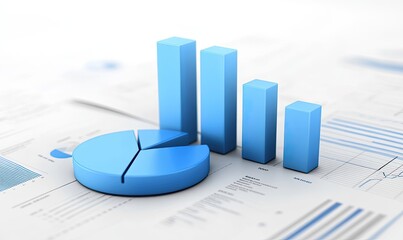 Poster - A white background features an isolated bar graph, pie chart, and report paper