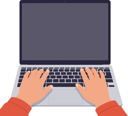 Poster - Hands typing on a sleek laptop keyboard in a flat design style showcasing modern technology and workspace aesthetics in vector art