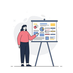 Poster - Businesswoman presenting data on a chart in a modern, flat design style showcasing analytics and insights in vector art