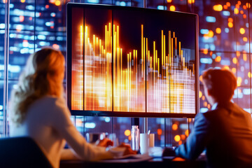 Poster - Business professionals analyzing vibrant data visualization on large screen in office with glowing city skyline. Concept data analytics, financial strategy, digital transformation