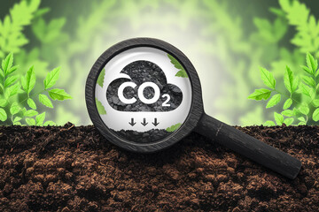 Poster - Magnifying glass on soil shows CO2 cloud absorbing into ground, symbolizing carbon sequestration and environmental sustainability