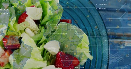 Poster - Digital data processing animation overlaying fresh salad ingredients on table