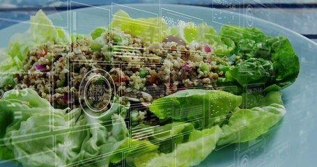 Poster - Processing digital data animation over quinoa salad preparation in kitchen
